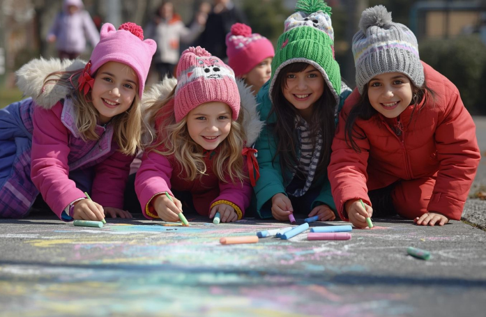  4 kids smiling on the ground with chalk